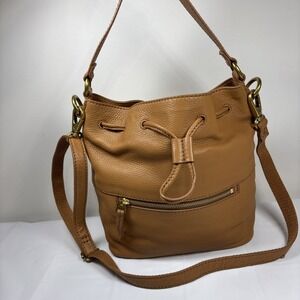 Fossil Vickery Drawstring Tan Leather Bucket Satchel Crossbody Purse Boho Retro